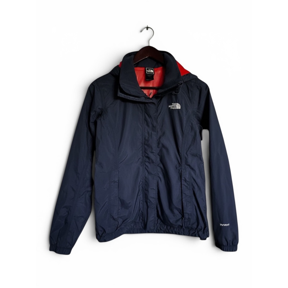 The North Face HyVent Rain Jacket Womens Small Navy Blue Orange Hooded Shell - Picture 8 of 8